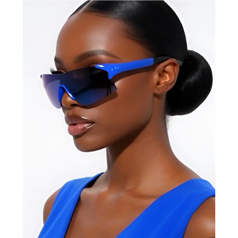 Blue Shield Wrap Sunglasses Oversized Mirrored Rimless Sporty Futuristic Y2K Nw